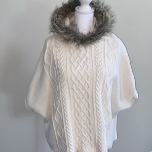 Gap Kids White Cable Knit Sweater with Faux Fur Trim
